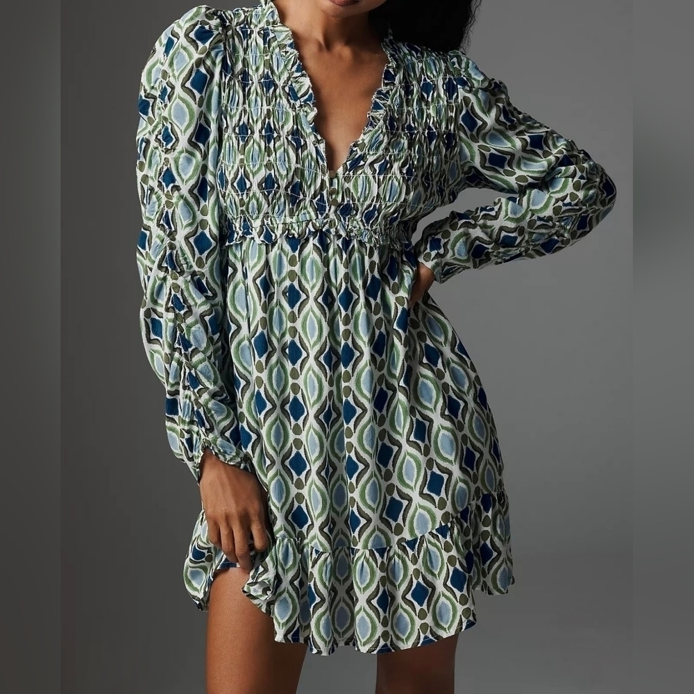By Anthropologie Long-Sleeve V-Neck Ruffle Mini Dress, Blue & Green Motif, XS